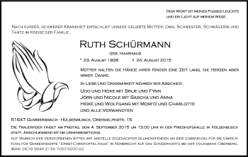 Anzeige von Ruth Schürmann von Kölner Stadt-Anzeiger / Kölnische Rundschau / Express