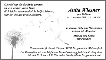 Anzeige von Anita Wiesner von Kölner Stadt-Anzeiger / Kölnische Rundschau / Express