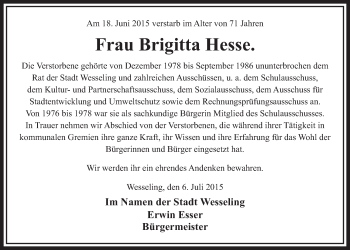 Anzeige von Brigitta Hesse von  Schlossbote/Werbekurier 