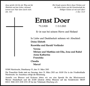 Anzeige von Ernst Doer von Kölner Stadt-Anzeiger / Kölnische Rundschau / Express