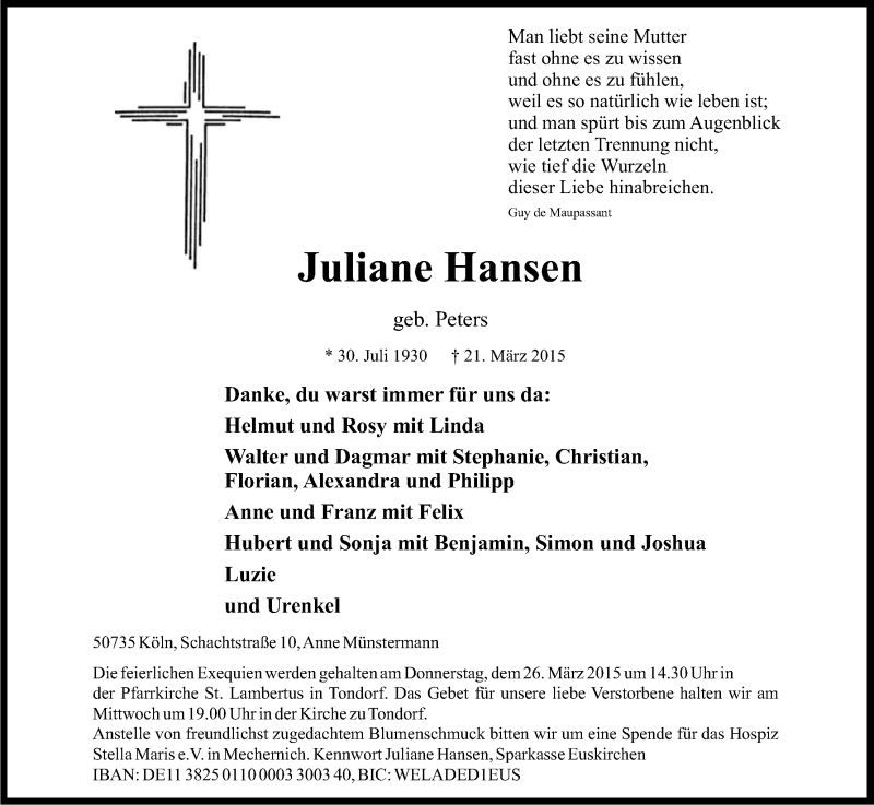  Traueranzeige für Juliane Hansen vom 25.03.2015 aus Kölner Stadt-Anzeiger / Kölnische Rundschau / Express