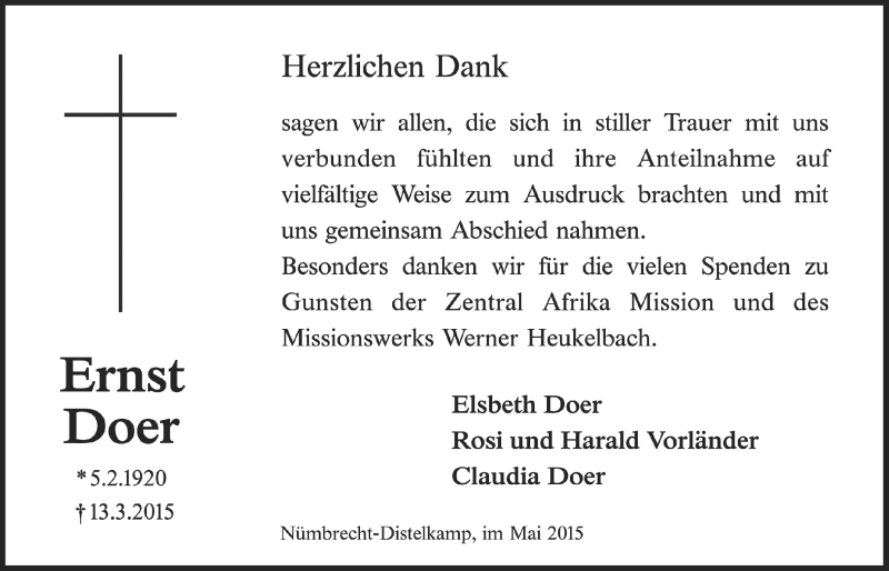  Traueranzeige für Ernst Doer vom 06.05.2015 aus  Lokalanzeiger 