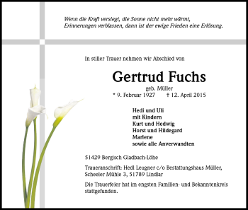 Anzeige von Gertrud Fuchs von Kölner Stadt-Anzeiger / Kölnische Rundschau / Express
