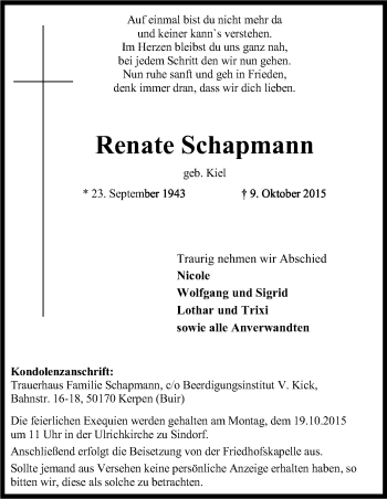 Anzeige von Renate Schapmann von Kölner Stadt-Anzeiger / Kölnische Rundschau / Express
