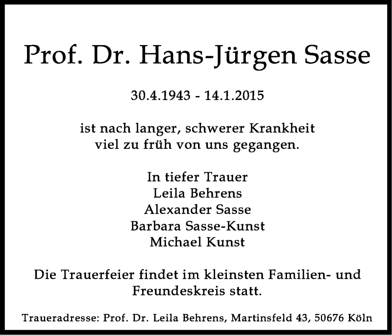  Traueranzeige für Hans-Jürgen Sasse vom 24.01.2015 aus Kölner Stadt-Anzeiger / Kölnische Rundschau / Express