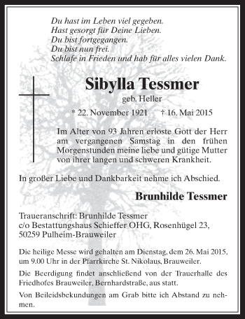 Anzeige von Sibylla Tessmer von  Wochenende 