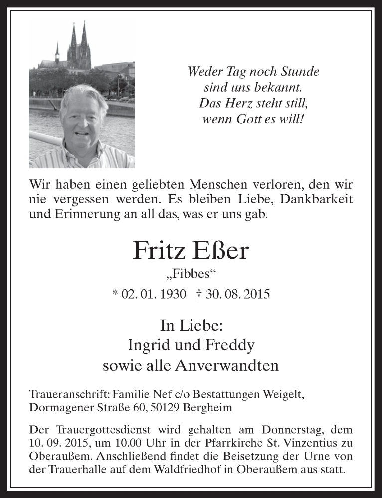  Traueranzeige für Fritz Eßer vom 09.09.2015 aus  Werbepost 