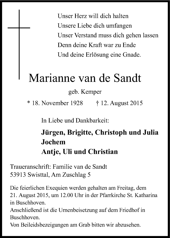  Traueranzeige für Marianne van de Sandt vom 15.08.2015 aus Kölner Stadt-Anzeiger / Kölnische Rundschau / Express