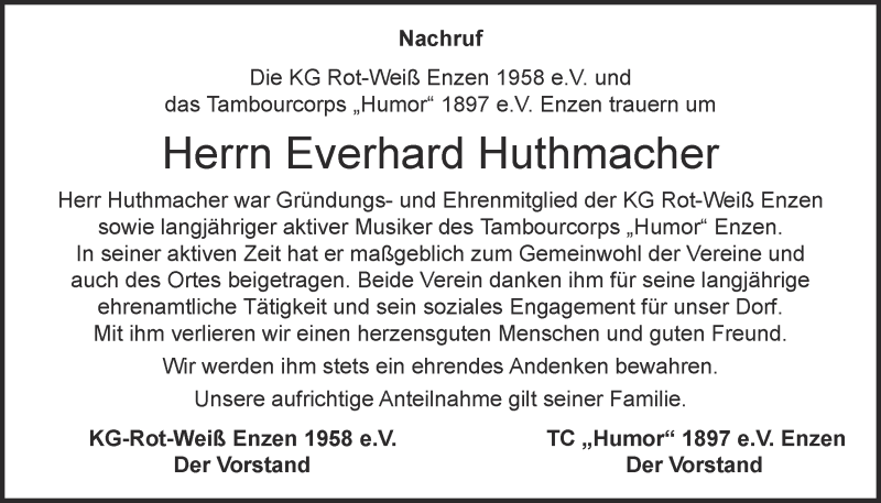  Traueranzeige für Everhard Huthmacher vom 01.11.2015 aus  Blickpunkt Euskirchen 