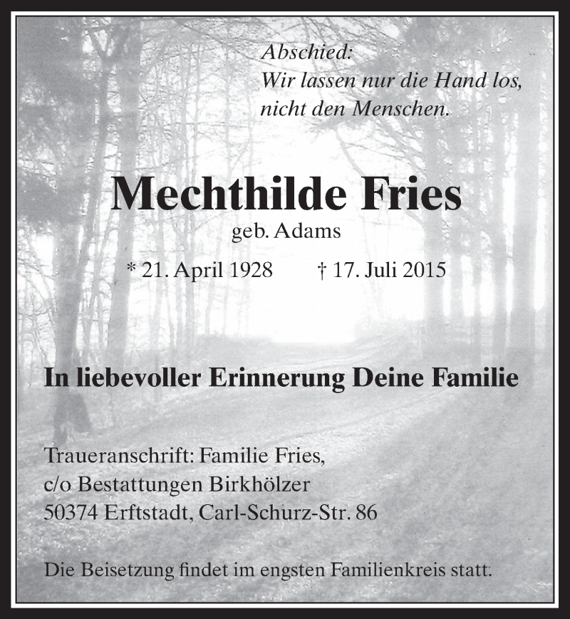  Traueranzeige für Mechthilde Fries vom 29.07.2015 aus  Werbepost 