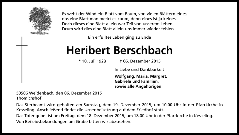  Traueranzeige für Heribert Berschbach vom 12.12.2015 aus Kölner Stadt-Anzeiger / Kölnische Rundschau / Express