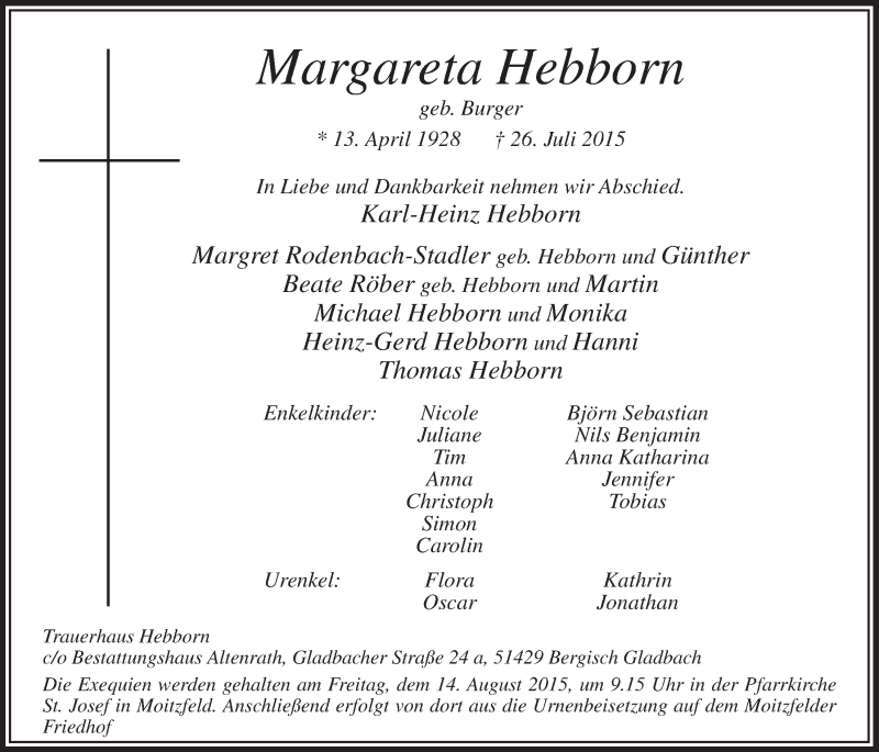  Traueranzeige für Margareta Hebborn vom 12.08.2015 aus  Bergisches Handelsblatt 
