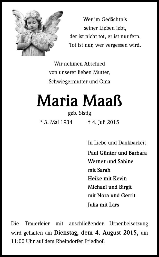  Traueranzeige für Maria Maaß vom 01.08.2015 aus Kölner Stadt-Anzeiger / Kölnische Rundschau / Express