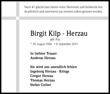Anzeige von Birgit Kilp-Herzau von Kölner Stadt-Anzeiger / Kölnische Rundschau / Express