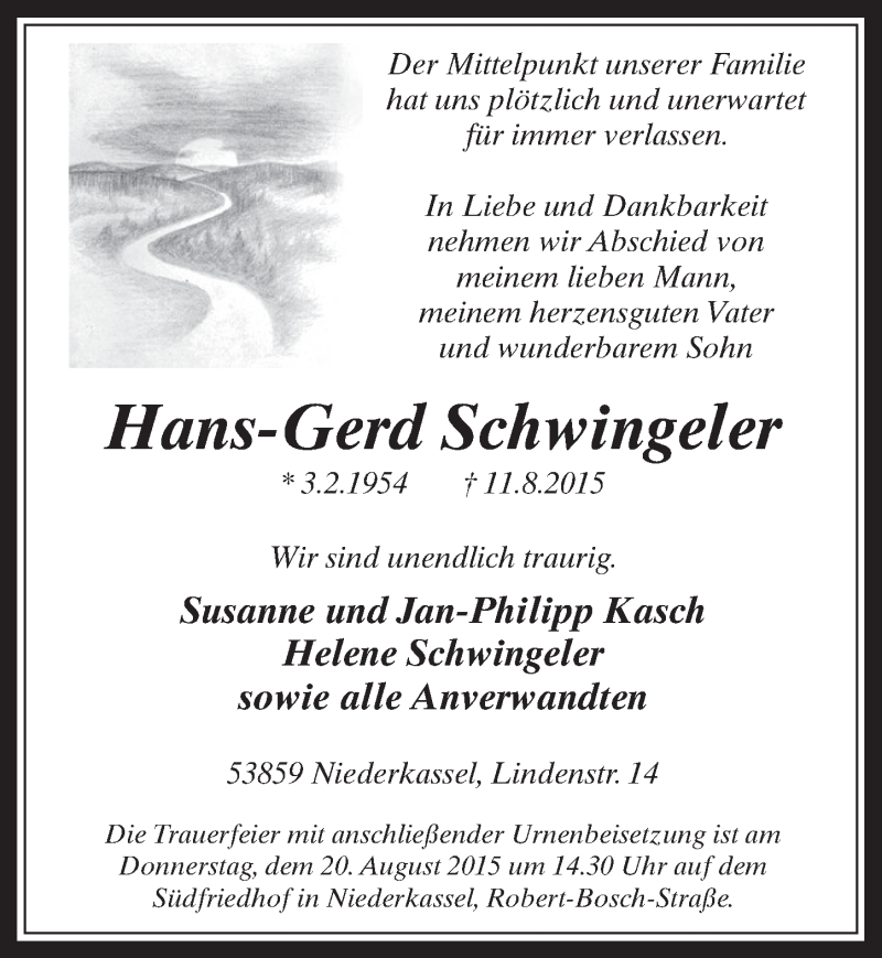  Traueranzeige für Hans-Gerd Schwingeler vom 19.08.2015 aus  Werbepost 