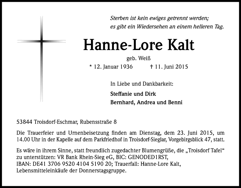  Traueranzeige für Hanne-Lore Kalt vom 20.06.2015 aus Kölner Stadt-Anzeiger / Kölnische Rundschau / Express
