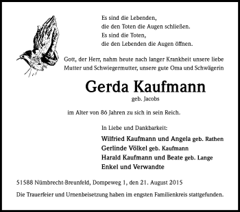 Anzeige von Gerda Kaufmann von Kölner Stadt-Anzeiger / Kölnische Rundschau / Express