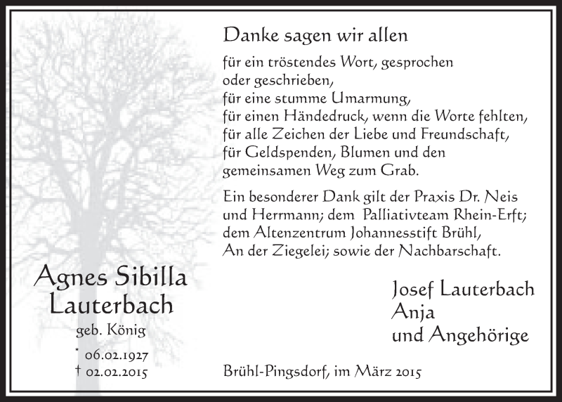  Traueranzeige für Agnes Sibilla Lauterbach vom 11.03.2015 aus  Schlossbote/Werbekurier 