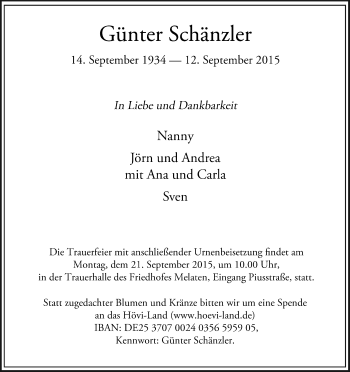 Anzeige von Günter Schänzler von Kölner Stadt-Anzeiger / Kölnische Rundschau / Express