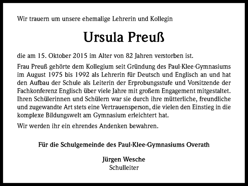  Traueranzeige für Ursula Preuß vom 28.10.2015 aus Kölner Stadt-Anzeiger / Kölnische Rundschau / Express