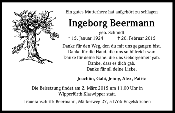 Anzeige von Ingeborg Beermann von Kölner Stadt-Anzeiger / Kölnische Rundschau / Express