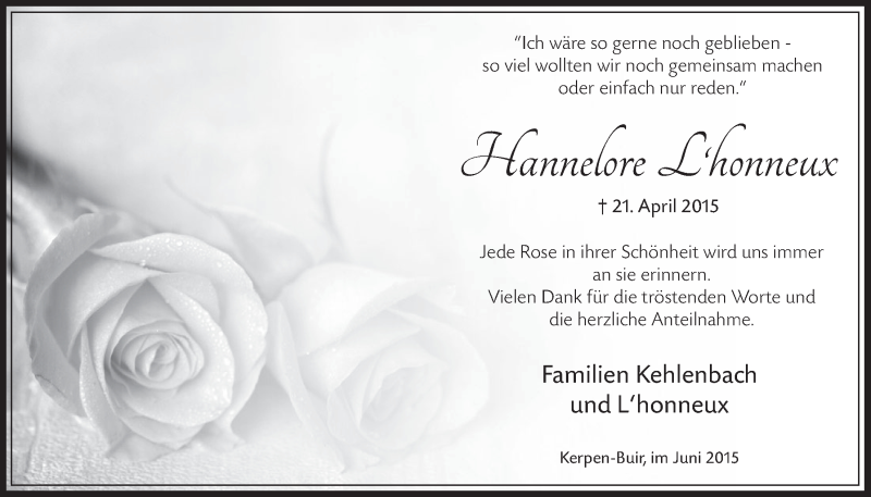  Traueranzeige für Hannelore L'honneux vom 17.06.2015 aus  Werbepost 