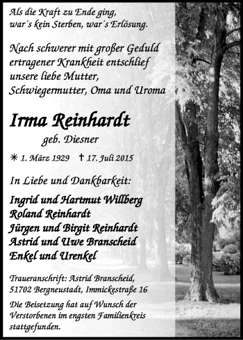 Anzeige von Irma Reinhardt von Kölner Stadt-Anzeiger / Kölnische Rundschau / Express