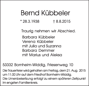 Anzeige von Bernd Kübbeler von  Kölner Wochenspiegel  Schlossbote/Werbekurier 