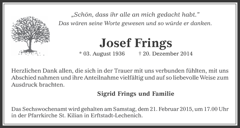  Traueranzeige für Josef Frings vom 04.02.2015 aus  Werbepost 