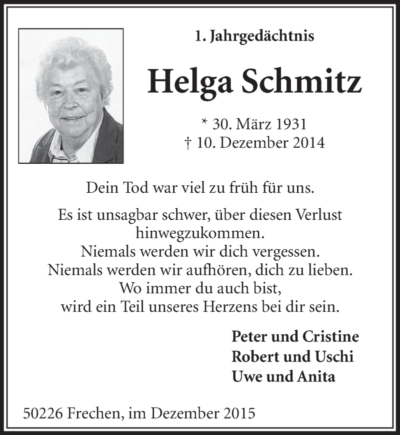  Traueranzeige für Helga Schmitz vom 12.12.2015 aus  Sonntags-Post 