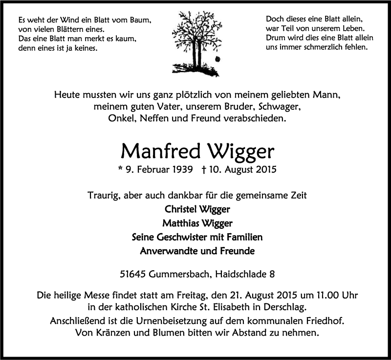  Traueranzeige für Manfred Wigger vom 15.08.2015 aus Kölner Stadt-Anzeiger / Kölnische Rundschau / Express