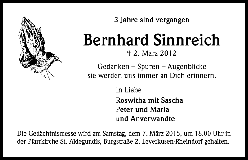 Traueranzeige für Bernhard Sinnreich vom 02.03.2015 aus Kölner Stadt-Anzeiger / Kölnische Rundschau / Express