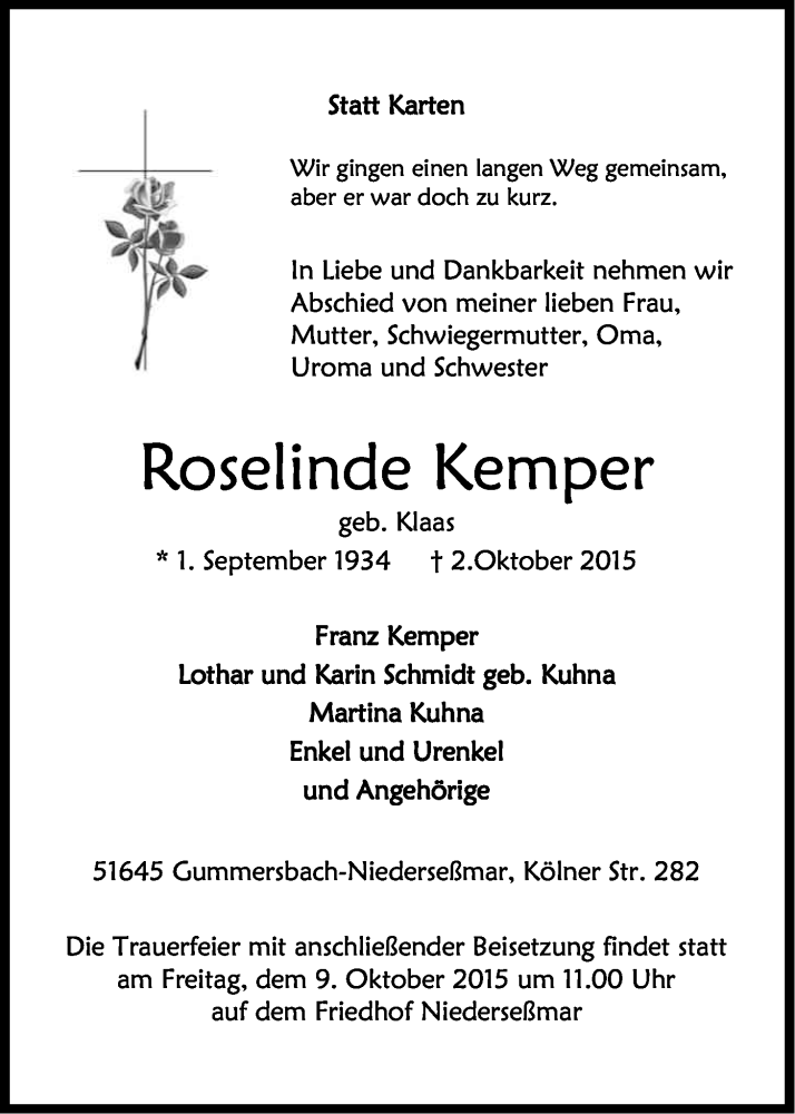  Traueranzeige für Roselinde Kemper vom 06.10.2015 aus Kölner Stadt-Anzeiger / Kölnische Rundschau / Express