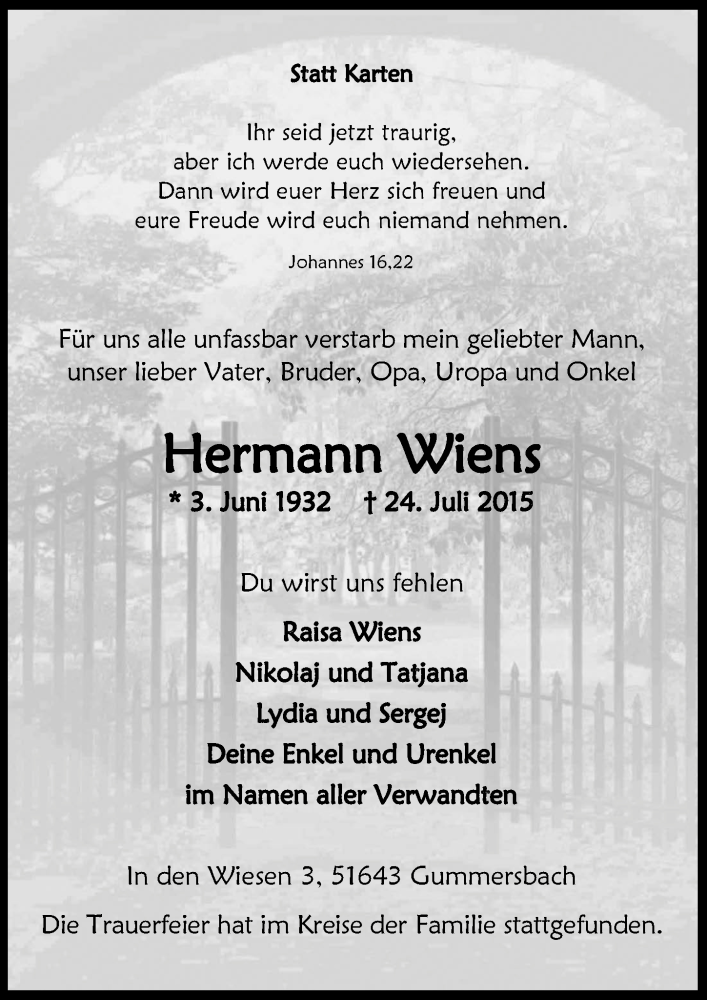  Traueranzeige für Hermann Wiens vom 05.08.2015 aus  Anzeigen Echo 
