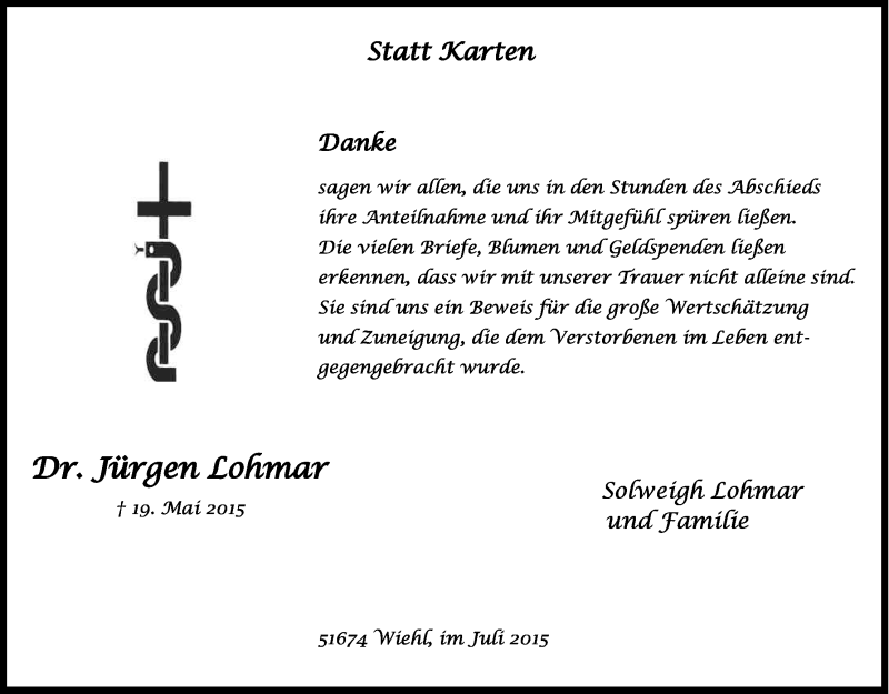  Traueranzeige für Jürgen Lohmar vom 11.07.2015 aus Kölner Stadt-Anzeiger / Kölnische Rundschau / Express