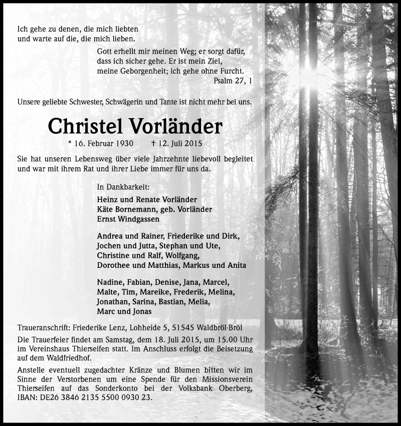  Traueranzeige für Christel Vorländer vom 15.07.2015 aus Kölner Stadt-Anzeiger / Kölnische Rundschau / Express
