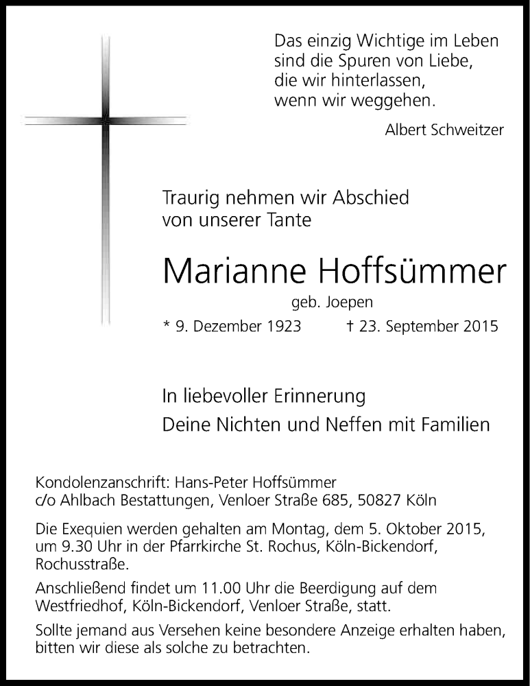  Traueranzeige für Marianne Hoffsümmer vom 01.10.2015 aus Kölner Stadt-Anzeiger / Kölnische Rundschau / Express
