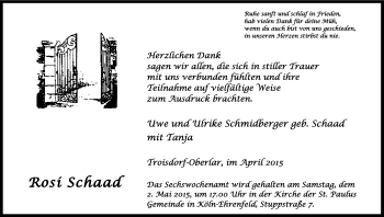 Anzeige von Rosi Schaad von Kölner Stadt-Anzeiger / Kölnische Rundschau / Express