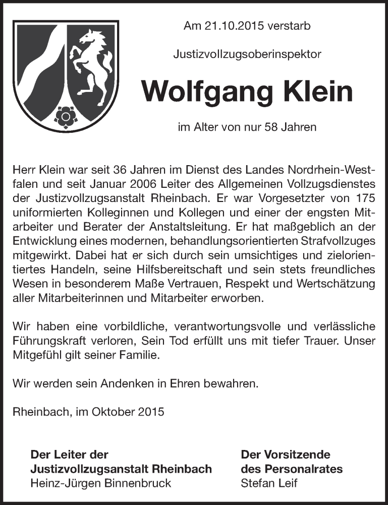  Traueranzeige für Wolfgang Klein vom 28.10.2015 aus  Schlossbote/Werbekurier 