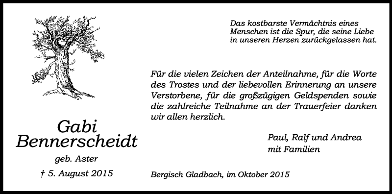  Traueranzeige für Gabi Bennerscheidt vom 21.10.2015 aus Kölner Stadt-Anzeiger / Kölnische Rundschau / Express