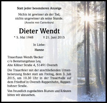 Anzeige von Dieter Wendt von Kölner Stadt-Anzeiger / Kölnische Rundschau / Express