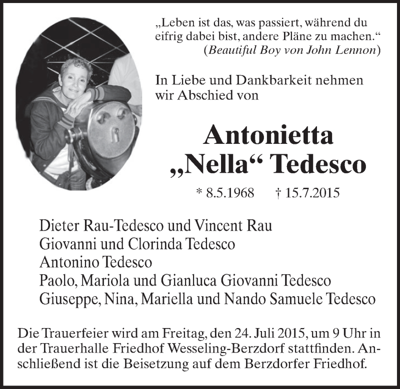  Traueranzeige für Antonietta Tedesco vom 22.07.2015 aus  Schlossbote/Werbekurier 