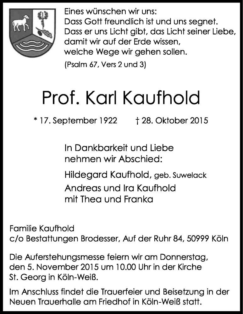  Traueranzeige für Karl Kaufhold vom 31.10.2015 aus Kölner Stadt-Anzeiger / Kölnische Rundschau / Express