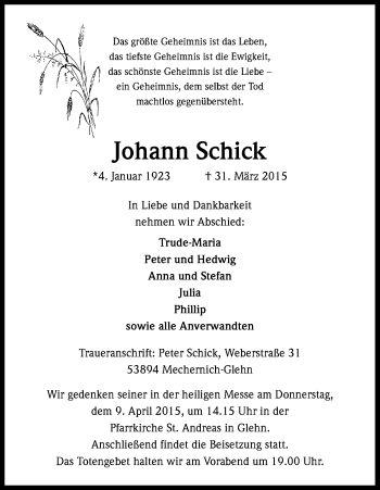 Anzeige von Johann Schick von Kölner Stadt-Anzeiger / Kölnische Rundschau / Express