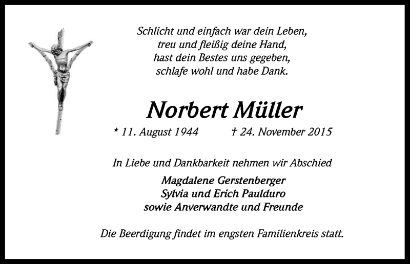  Traueranzeige für Norbert Müller vom 05.12.2015 aus Kölner Stadt-Anzeiger / Kölnische Rundschau / Express