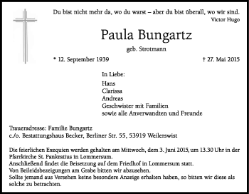 Anzeige von Paula Bungartz von Kölner Stadt-Anzeiger / Kölnische Rundschau / Express