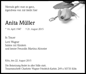 Anzeige von Anita Müller von Kölner Stadt-Anzeiger / Kölnische Rundschau / Express