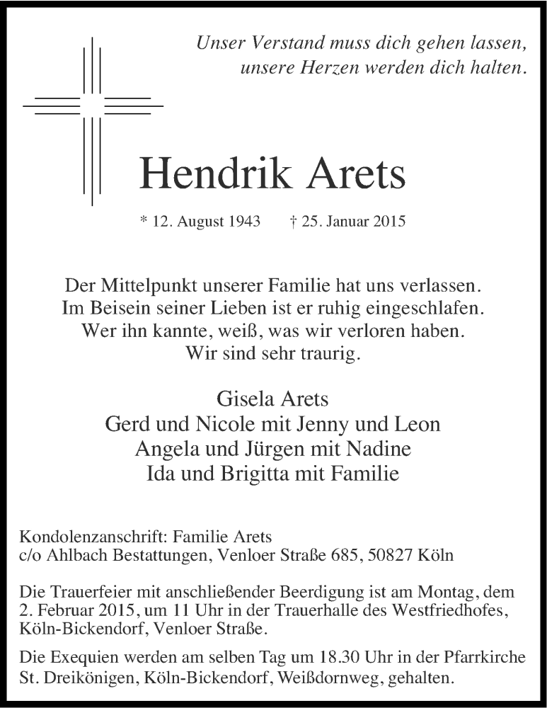  Traueranzeige für Hendrik Arets vom 28.01.2015 aus Kölner Stadt-Anzeiger / Kölnische Rundschau / Express
