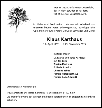 Anzeige von Klaus Karthaus von Kölner Stadt-Anzeiger / Kölnische Rundschau / Express