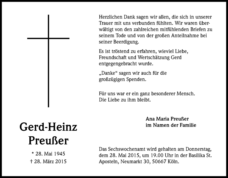  Traueranzeige für Gerd-Heinz Preußer vom 09.05.2015 aus Kölner Stadt-Anzeiger / Kölnische Rundschau / Express